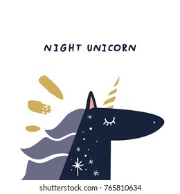 Vector, clip art, hand drawn. Night sky unicorn, head, fairy, pony, female, magic, stars pattern, dark. Sticker, print for cards, posters, t-shirts, other clothes and more. Isolated objects.