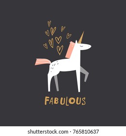 Vector, clip art, hand drawn. Cute unicorn, fabulous, fairy tale, horse, pony, female, magic, hearts. Sticker, print for cards, posters, t-shirts, other clothes and more. Isolated objects.