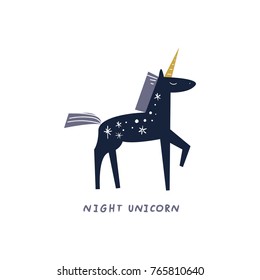 Vector, clip art, hand drawn. Night sky unicorn, fairy tale, horse, pony, female, magic, stars pattern, dark. Sticker, print for cards, posters, t-shirts, other clothes and more. Isolated objects.