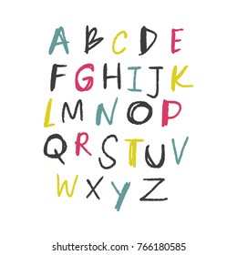 Vector, clip art, hand drawn. Abc, font, letters, stylish, chalk, paint texture, color, typography. Design elements, print for cards, posters, t-shirts, other clothes and more. Isolated objects.