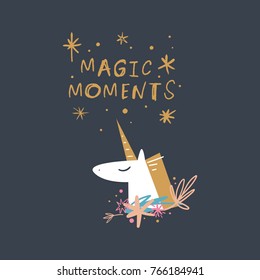 Vector, clip art, hand drawn. Cute unicorn, fairy tale, magic moments, pony, heart, stars. Design elements, print for cards, posters, t-shirts, other clothes and more. Isolated objects.