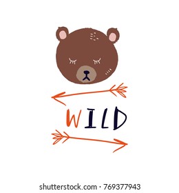 Vector, clip art, hand drawn. Funny bear card, wild, arrows, face, hand font. Sticker, elements for design, posters, t-shirts, other clothes and more. Isolated objects.