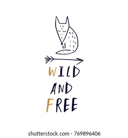 Vector, clip art, hand drawn. Cute wild card, arrow, funny fox, sign, freedom, stylish, type, freedom, hand font. Sticker, elements for design, posters, cards and more. Isolated objects.
