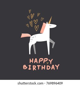 Vector, clip art, hand drawn. Cute Birthday card, magic animal, golden hearts, decor, unicorn, pony, flat, horse, hand font. Print, elements for design, posters, cards and more. Isolated objects.