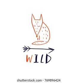Vector, clip art, hand drawn. Cute wild card, arrow, funny fox, sign, freedom, stylish, type, freedom, hand font. Sticker, elements for design, posters, cards and more. Isolated objects.