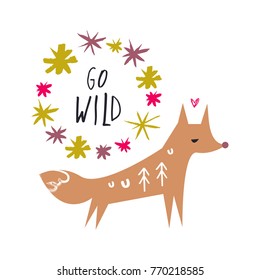 Vector, clip art, hand drawn. Funny, fox, wreah, go wild, hand font, forest animal, set, sketch, frame, quote, phrase. Print for cards, posters, t-shirts, other clothes and more. Isolated objects.