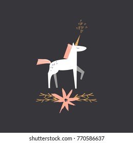 Vector, clip art, hand drawn. Funny cute unicorn, flower, brunches, hearts, fairy tale. Decor elements, print for cards, posters, t-shirts, other clothes and more. Isolated objects.