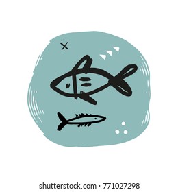 Vector, clip art, hand drawn. Drawing, fishes, stamp, scandinavian design, swedish style, trend, kids. Decor elements, print for cards, posters, t-shirts, other clothes and more. Isolated objects.