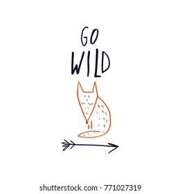 Vector, clip art, hand drawn. Doodle, sketch, hand font, swedish style, baby fox, lettering, arrow. Decor elements, print for cards, posters, t-shirts, other clothes and more. Isolated objects.