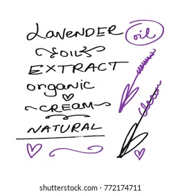 Vector, clip art, hand drawn. Lavender, sketches, boho, gentle, design tools, bio, organic, label, logo and tag detalis, Provence, product, trend art, pastel, brush. Decor elements, print for cards.