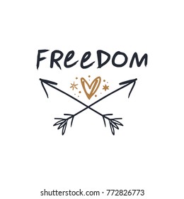 Vector, clip art, hand drawn. Freedom emblem, magical, heart, arrows, hand logo, boho, tattoo. Decor elements, print for cards, posters, t-shirts, other clothes and more. Isolated objects.