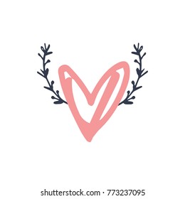 Vector, clip art, hand drawn. Heart, funny, boho, floral, hippie, positive, pen, ink, branches. Decor element, print for card, poster, t-shirt, other clothes and more. Isolated objects.