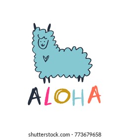 Vector, Clip Art, Hand Drawn. Cute Lama, Hand Font, Animal, Letters, Funny, Baby, Kid, Aloha. Decor Elements, Print For Card, Poster, T-shirt, Other Clothes And More. Isolated Objects.