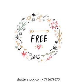 Vector, clip art, hand drawn. Feminism, power, freedom, girl, hand font, floral, pattern, frame, wreath. Decor elements, print for card, poster, t-shirt, other clothes and more. Isolated objects.