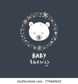 Vector, clip art, hand drawn. Baby shower, funny, polar bear, pattern frame, letters, kawaii, hand font. Decor elements, print for card, poster, t-shirt, other clothes and more. Isolated objects.