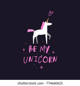 Vector, clip art, hand drawn. Pink, funny, unicorn, Valentine's day, letters, kawaii, hand font, stars. Decor elements, print for card, poster, t-shirt, other clothes and more. Isolated objects.
