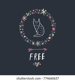 Vector, clip art, hand drawn. Night, funny, wolf, wreath, doodle, kawaii, forest animal, frame, hand font. Decor elements, print for card, poster, t-shirt, other clothes and more. Isolated objects.