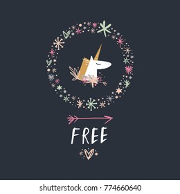 Vector, clip art, hand drawn. Fairy tale, funny, unicorn, heart, freedom, letters, kawaii, hand font, heart. Decor elements, print for card, poster, t-shirt, other clothes and more. Isolated objects.
