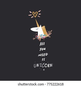 Vector, clip art, hand drawn. Unicorn, brush letters, baby, kid, hand font, heart, funny, romantic, boho. Congratulation card, poster, banner, t-shirt, other clothes and more. Isolated objects.