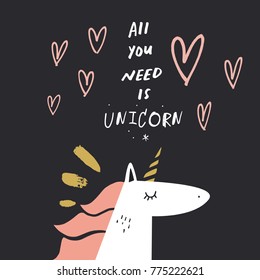 Vector, clip art, hand drawn. Funny quote, unicorn, brush letters, baby, hand font, hearts, romantic, boho. Congratulation card, poster, banner, t-shirt, other clothes and more. Isolated objects.