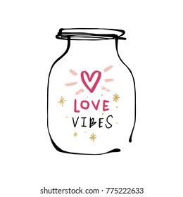 Vector, clip art, hand drawn. Love vibes, stars, letters, hand font, heart, funny, magic, boho. Valentine's day congratulation card, poster, banner, t-shirt, other clothes and more. Isolated objects.