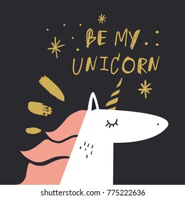 Vector, clip art, hand drawn. Funny quote, unicorn, brush letters, baby, hand font, hearts, romantic, boho. Valentine's day congratulation card, poster, banner, t-shirt, other clothes and more.