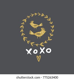 Vector, clip art, hand drawn. Cute birds, frame, letters, wreath, nature, leaves, golden, boho. Valentine's day congratulation card, poster, banner, t-shirt, other clothes and more. Isolated.