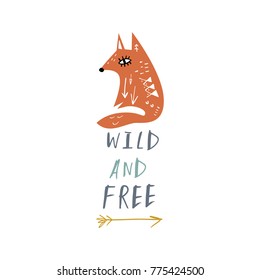 Vector, clip art, hand drawn. Freedom, quote, brush letters, childish, hand font, fox, animal, baby, fairy tale, funny, arrow. Card, poster, banner, t-shirt, other clothes and more. Isolated.