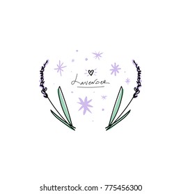 Vector, clip art, hand drawn. Lavender label, pattern, sign, violet, stylized plant, branches, stars, floral, heart. Congratulation card, poster, banner, t-shirt, other clothes and more. Isolated.