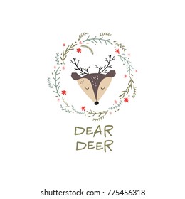 Vector, clip art, hand drawn. Funny animal, pattern, dear deer, baby, frame, hand font, wreath, fairy tale, floral. Congratulation card, poster, banner, t-shirt, other clothes and more. Isolated.