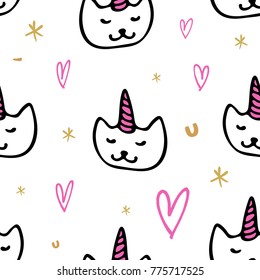 Vector, clip art, hand drawn. Cute, unicorn cats, stars, hearts, trend art, kawaii, baby, stylish, fashion, pattern. Illustration, card, poster, banner, t-shirt, other clothes and more. Isolated.