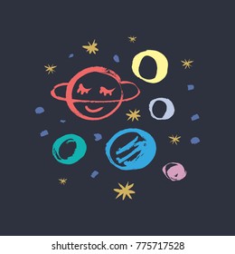 Vector, clip art, hand drawn. Cute planets, space, stars, strokes, trend art, funny, pattern, logo, stylish, childish. Illustration, card, poster, banner, t-shirt, other clothes and more. Isolated.