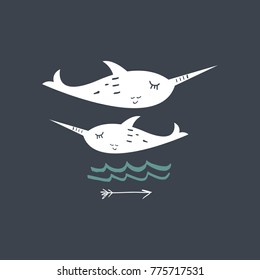 Vector, clip art, hand drawn. Narwhal, couple, sea, strokes, trend art, funny, marine, arrow, whale unicorn. Illustration, card, poster, banner, t-shirt, other clothes and more. Isolated.