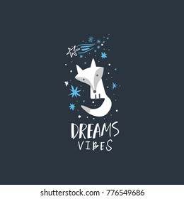 Vector, clip art, hand drawn. Arctic fox, stars, animals, pattern, cute, dreams, inscription, polar, comet, baby, letters, kid. Card, poster, banner, t-shirt, other clothes and more.