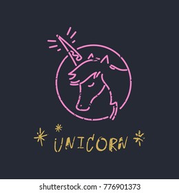 Vector, clip art, hand drawn. Unicorn, neon, cute, inscription, vintage, stars, fairy, magic, logo, label, art, sign. Print, elements, card, poster, banner, t-shirt, other clothes and more.
