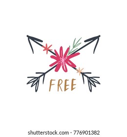 Vector, clip art, hand drawn. Inscription, font, letters, lettering, logo, girl, power, freedom, hipster, arrows, ornament, boho, decor elements, floral, flowers, woman. Print, card, poster, banner.