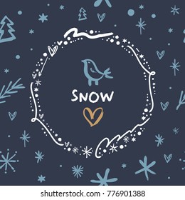 Vector, clip art, hand drawn. Bird, wreath, frame, animal, winter, cute, season, pattern, logo and pattern elements, snowflakes, hearts, stars, trees. Card, poster, banner and more.