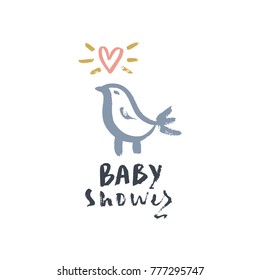 Vector, clip art, hand drawn. Baby shower, bird, inscription, cutie, letters, funny, gentle, brush, heart, pastel, sign. Print, decor elements, card, poster, banner, t-shirt, other clothes and more.