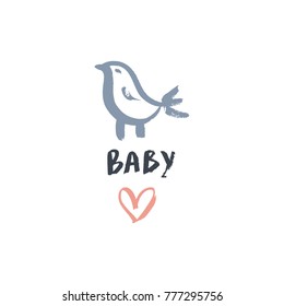 Vector, clip art, hand drawn. Bird, cute, inscription, baby, letters, funny, gentle, brush, heart, pastel, sign. Print, decor elements, card, poster, banner, t-shirt, other clothes and more.