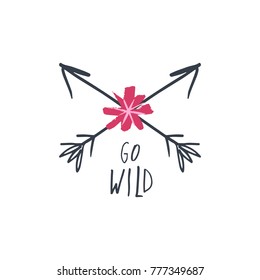 Vector, clip art, hand drawn. Inscription, font, wild, plant, letters, lettering, logo, girl, power, arrows, boho, elements, floral, flowers, woman. Card, poster, decor, clothes print and more.