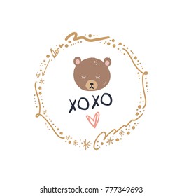 Vector, clip art, hand drawn. Bear, cutie, hugs and kisses, vintage, stars, baby, heart, frame, pattern, letters, hugs and kisses. Print, decor, card, poster, t-shirt print, clothes print and more.