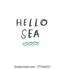 Vector, clip art, hand drawn. Waves, trip, inscription, hello sea, adventure, logo, label, hipster, navy, summer, emblem, letters. Print, decor elements, card, poster, t-shirt, other clothes and more.