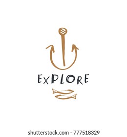 Vector, clip art, hand drawn. Anchor, fish, fleet, inscription, hello sea, adventure, logo, label, hipster, navy, emblem, letters. Print, decor elements, card, poster, t-shirt, other clothes and more.