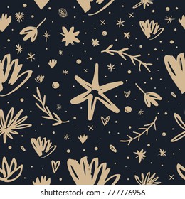 Vector, clip art, hand drawn. Pattern, dark, holiday, branches, plants, hearts, stars, boho, child, wallpaper, brush strokes, dots, baby, girl, floral. Print, card, poster, clothes print and more.