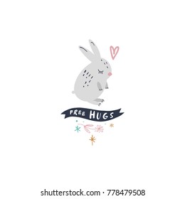 Vector, clip art, hand drawn. Free hugs, rabbit, flat, cutie, quote, stars, baby, flowers, heart, pattern, funny, animal. Print, decor elements, card, poster, clothes print and more.