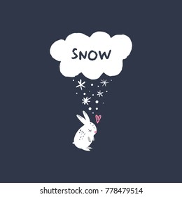 Vector, clip art, hand drawn. Cloud, rabbit art, snow, winter, holiday, baby shower, snowflakes set, heart, pattern, ornament, animal. Print, decor elements, card, poster, clothes print and more.