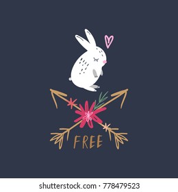 Vector, clip art, hand drawn. Nice rabbit, flat, cutie, blossom, flower, vintage, stars, baby, arrows, heart, pattern, ornate, freedom. Print, decor elements, card, poster, clothes print and more.