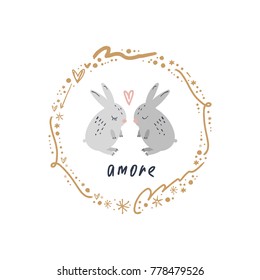 Vector, clip art, hand drawn. Rabbits, cute, frame, wreath, Valentine's day, brush lines, baby, hearts, pattern, ornamental ring, animals. Print, decor elements, card, poster, clothes print.