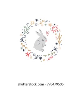 Vector, clip art, hand drawn. Kawaii rabbit, cute, frame, wreath, pastel, stars, baby, leaves, heart, pattern, ornamental ring, animal. Print, decor elements, card, poster, clothes print and more.