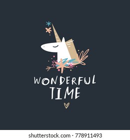 Vector, clip art, hand drawn. Wonderful time, pattern, light, floral, baby, calligraphy, unicorn, font, pony, letters, heart, text, photo overlay. Print, decor elements, card, poster, clothes print.